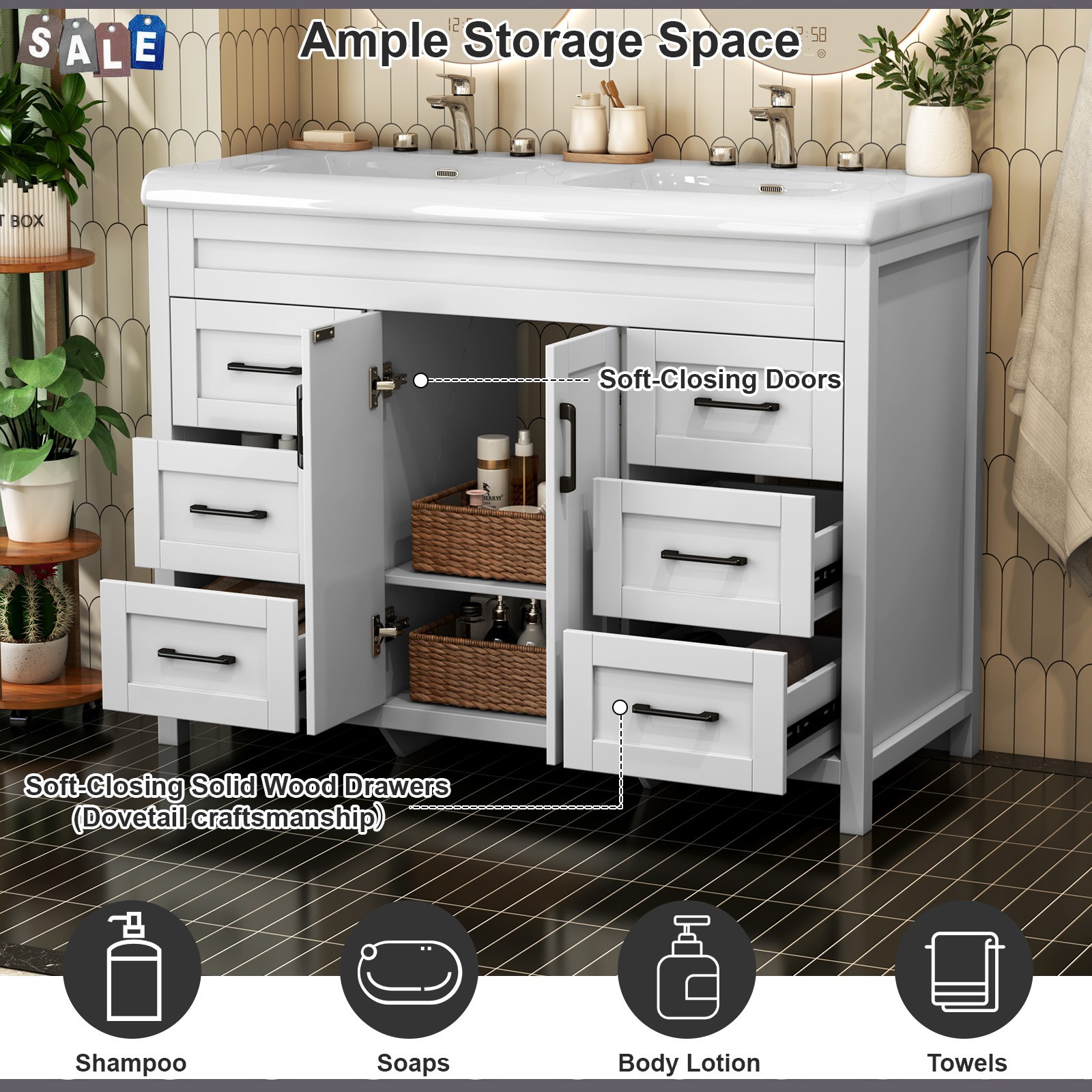 White Bathroom Vanity Double Sink Freestanding Cabinet with Storage Drawers