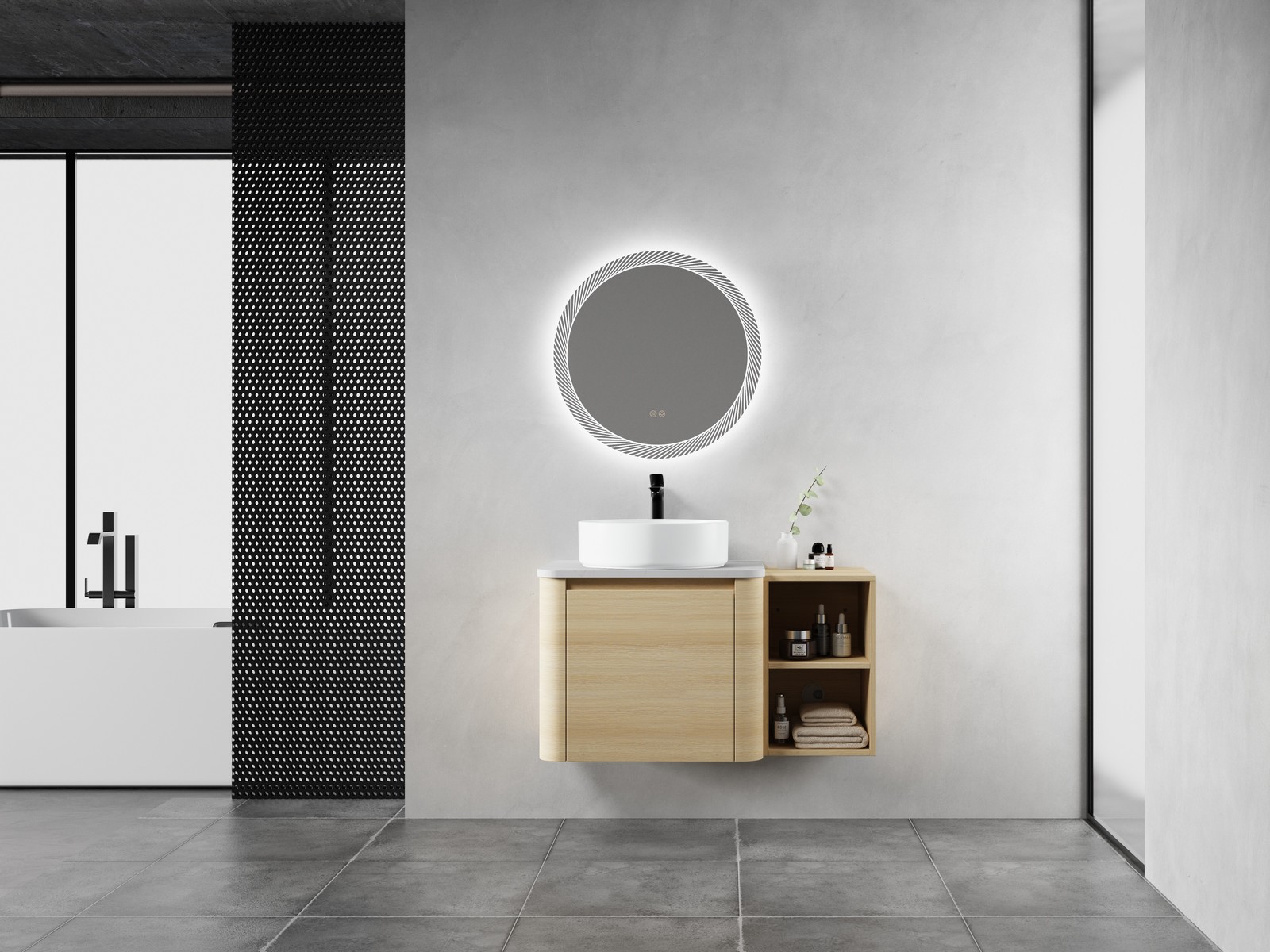 36in Plywood Floating Bathroom Vanity W/White Ceramic Basin Sink Storage Shelves