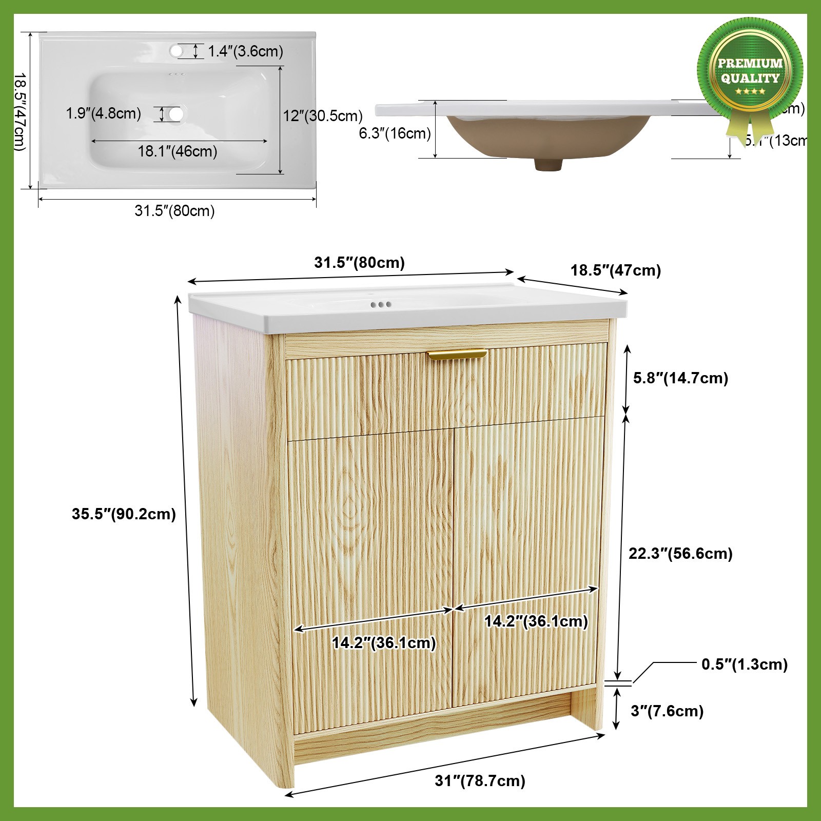 31″ Wooden Freestanding Bathroom Vanity Storage Cabinet & Ceramic Sink Modern