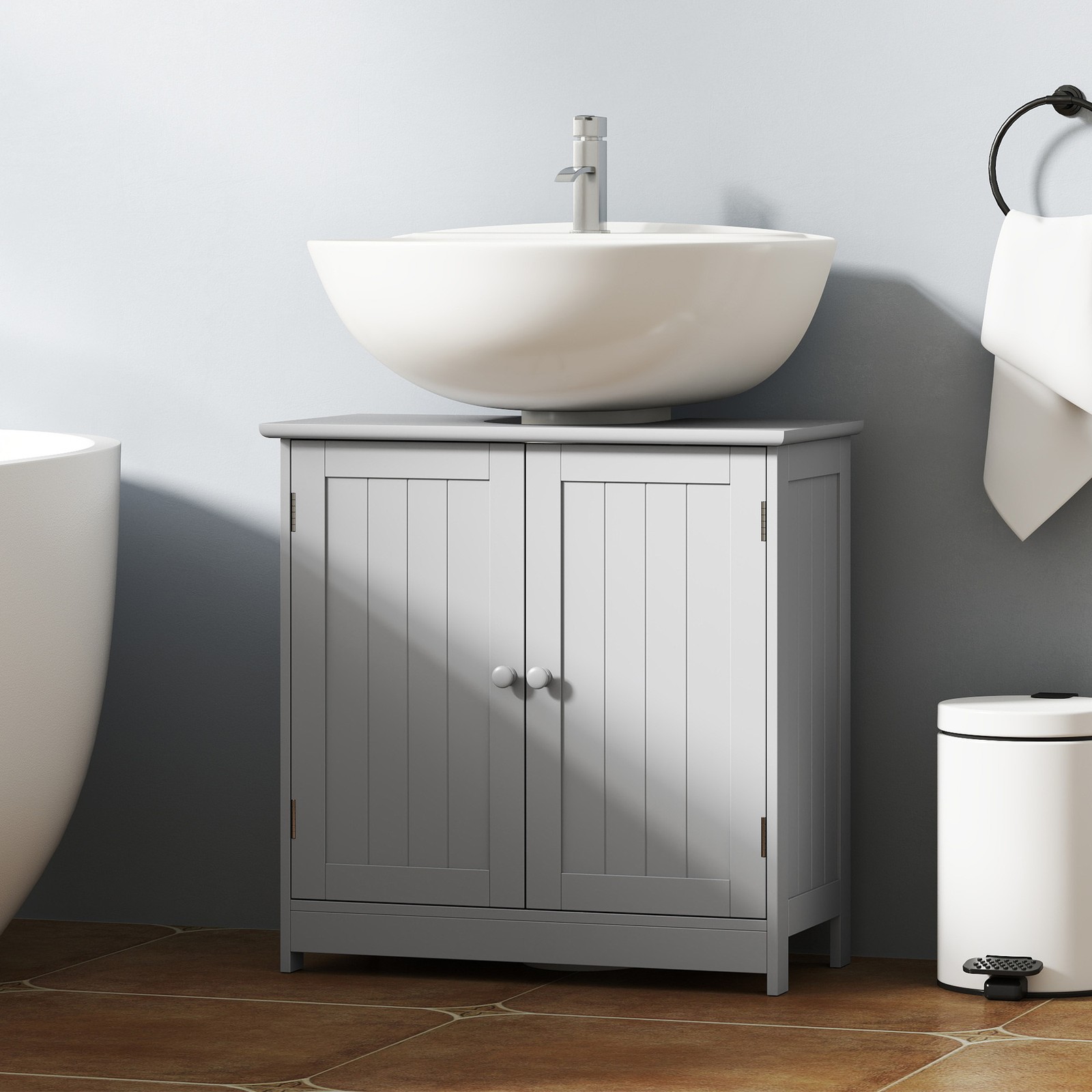 Under Sink Bathroom Cabinet with 2 Doors and Shelf, Light Gray