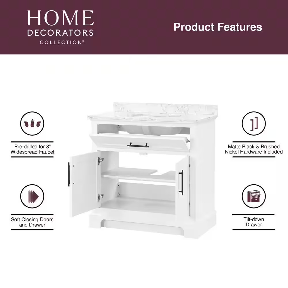 Doveton 36 In. Single Sink Freestanding White Bath Vanity with White Engineered