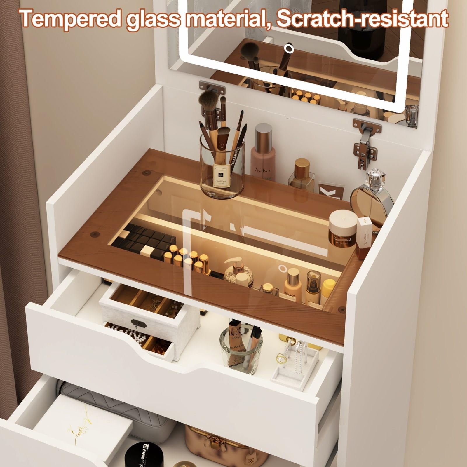 3-in-1 Vanity Desk Set with Mirror Stool LED Lights Drawers Hidden Storage White