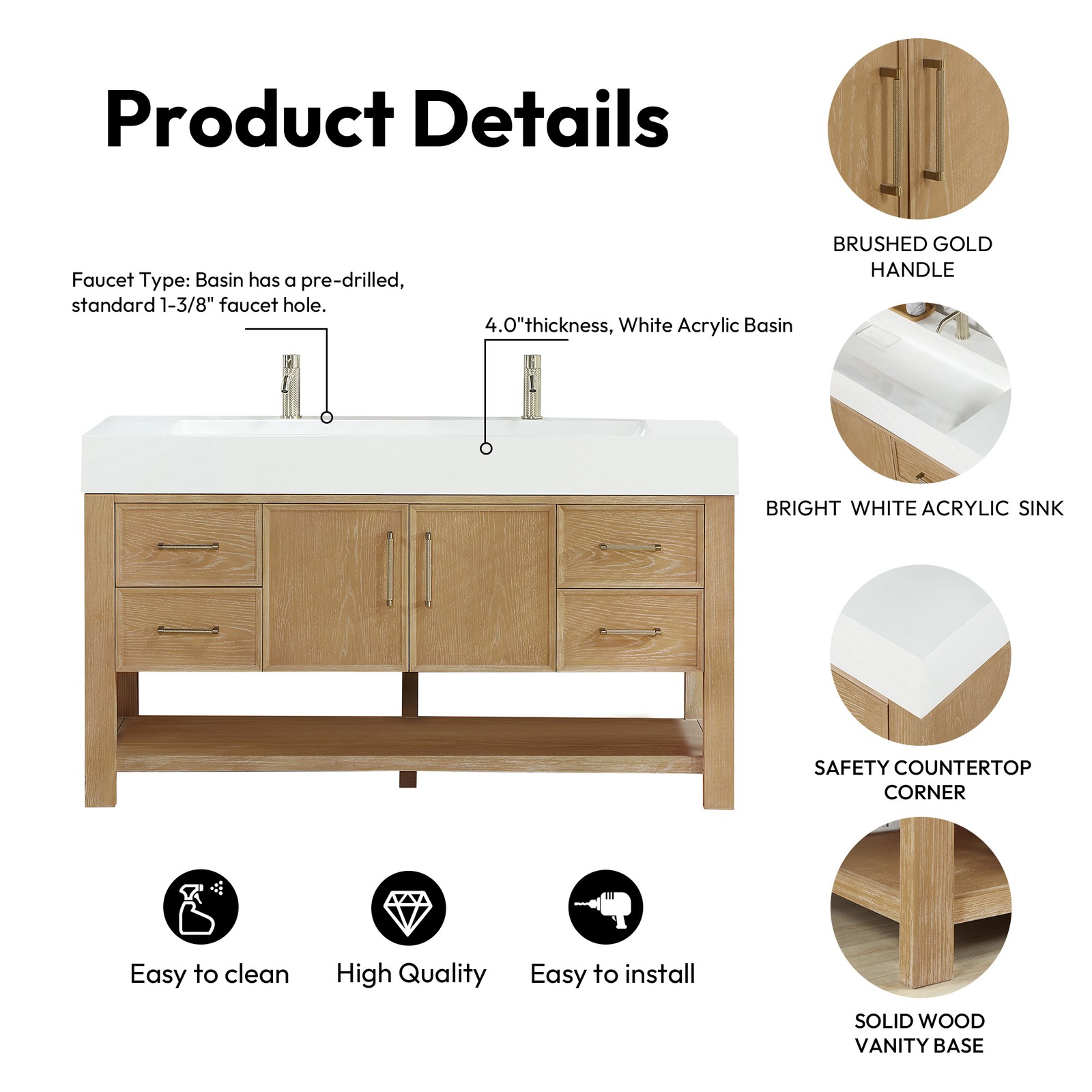 Vera 60″ Single Bath Vanity in Washed Ash Grey w/ White Integrated Sink & Mirror