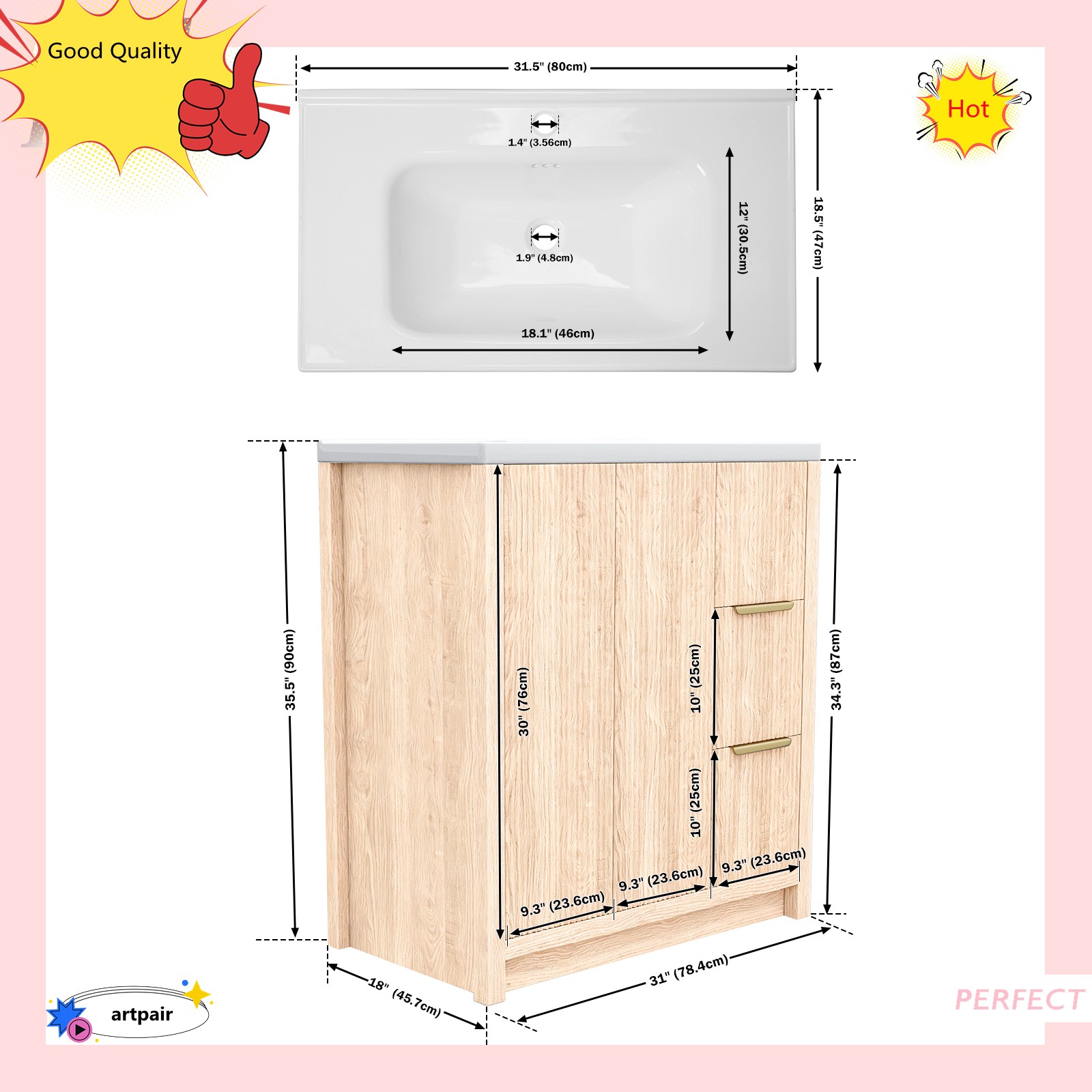 31 Inch Vanity Wood Bathroom Vanity Cabinet W/ Countertop Ceramic Sink USA STOCK