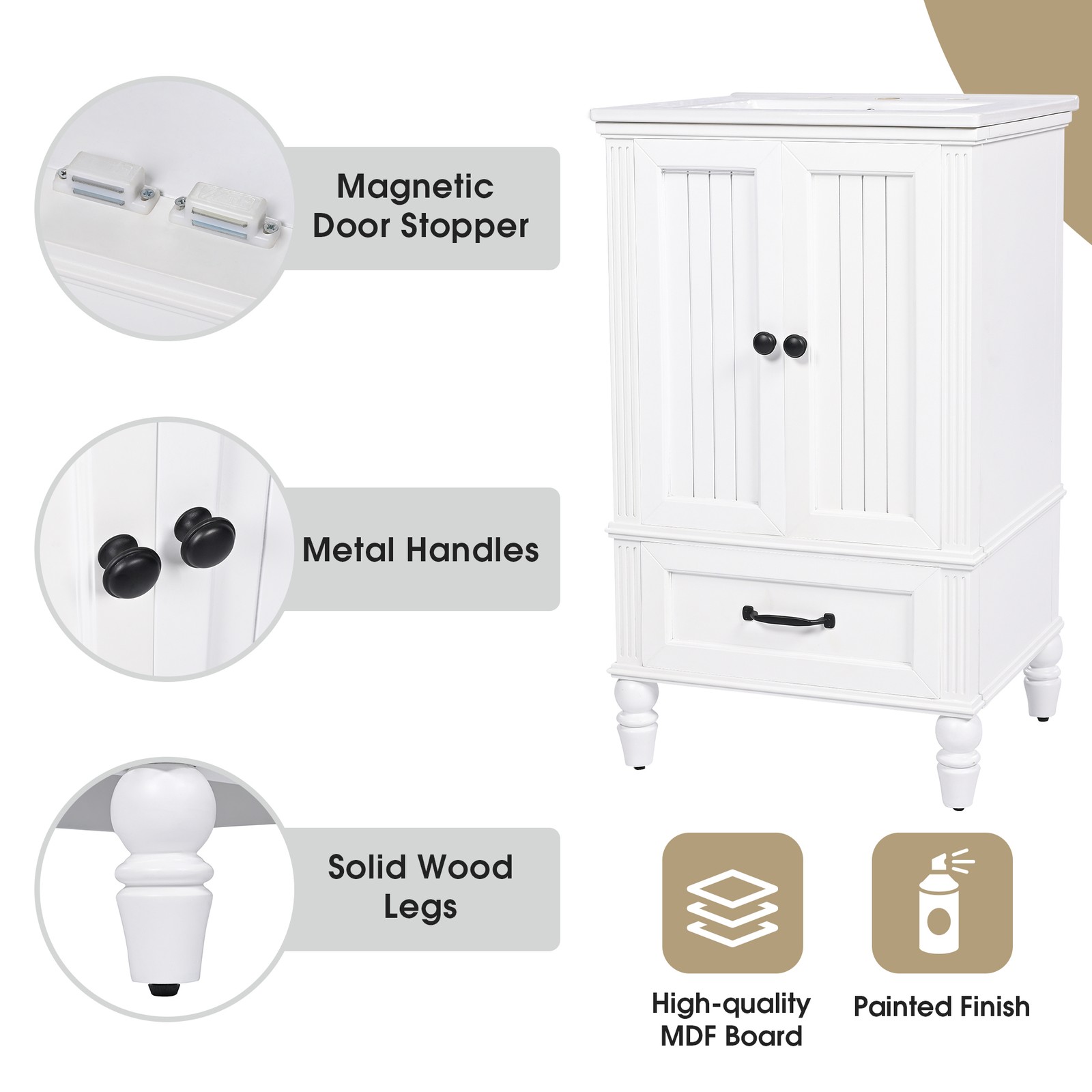 20″ Bathroom Vanity with Sink, Freestanding Bath Vanity Cabinet, Drawer, 2 Doors