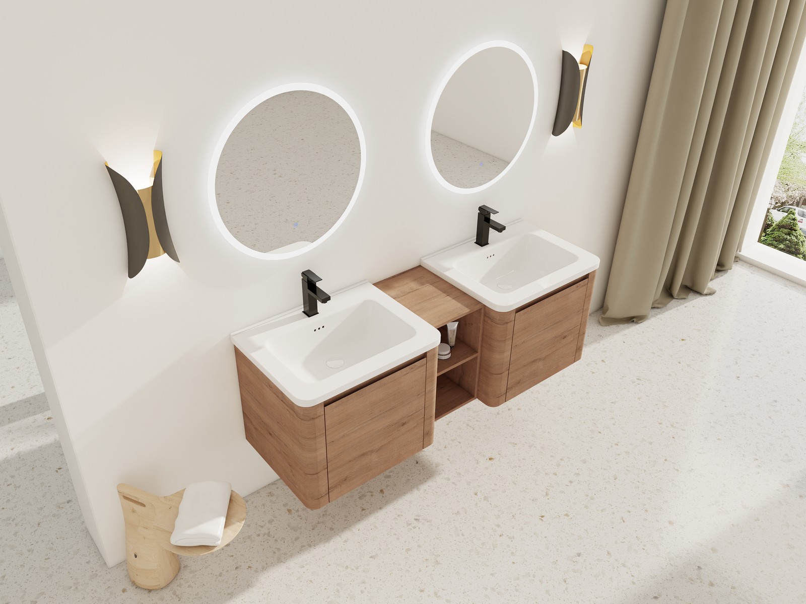 60in Wall-Mounted Bathroom Vanity W/ Double White Ceramic Sink Storage Shelves