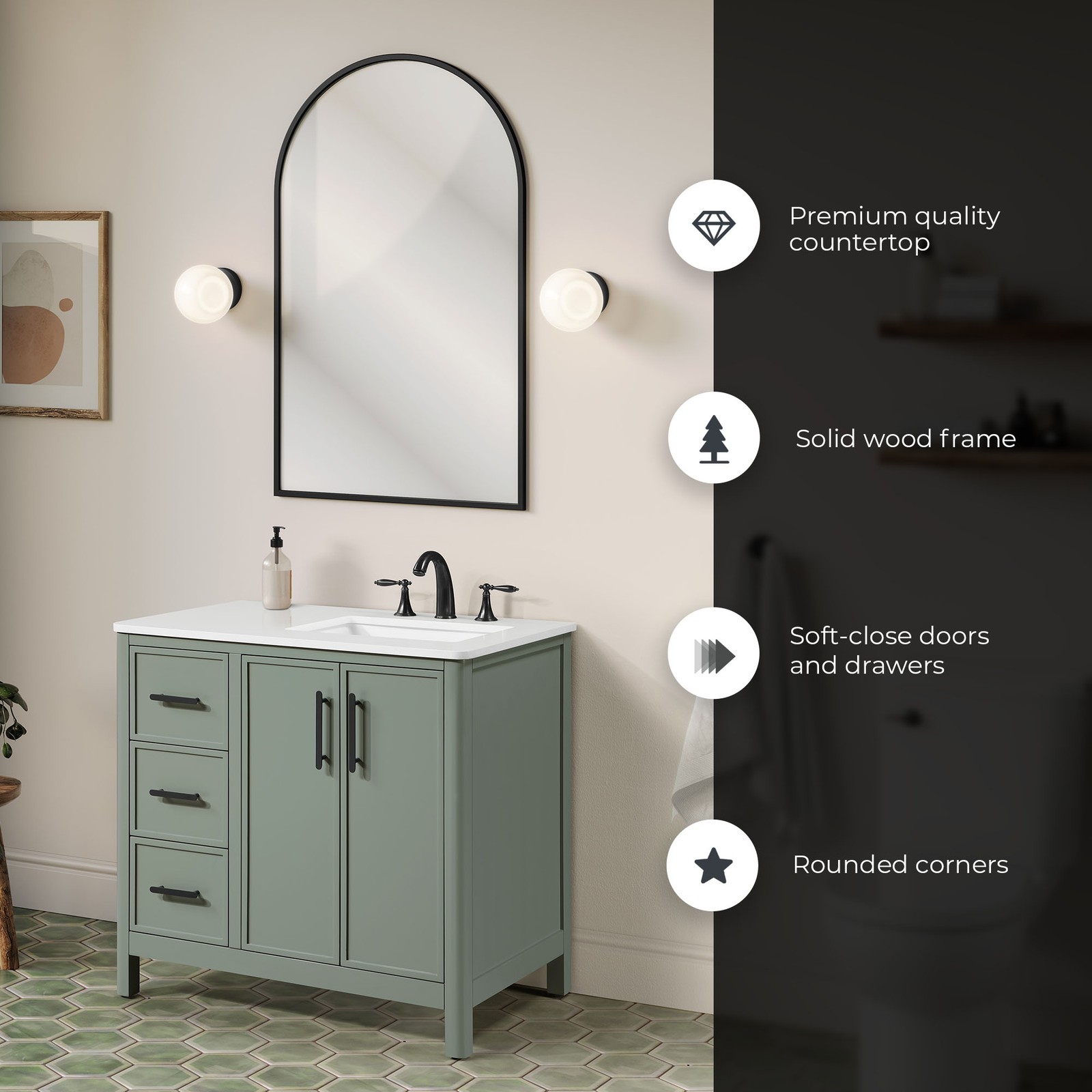 Solas 36″ Bathroom Vanity in Sage Green with White Countertop
