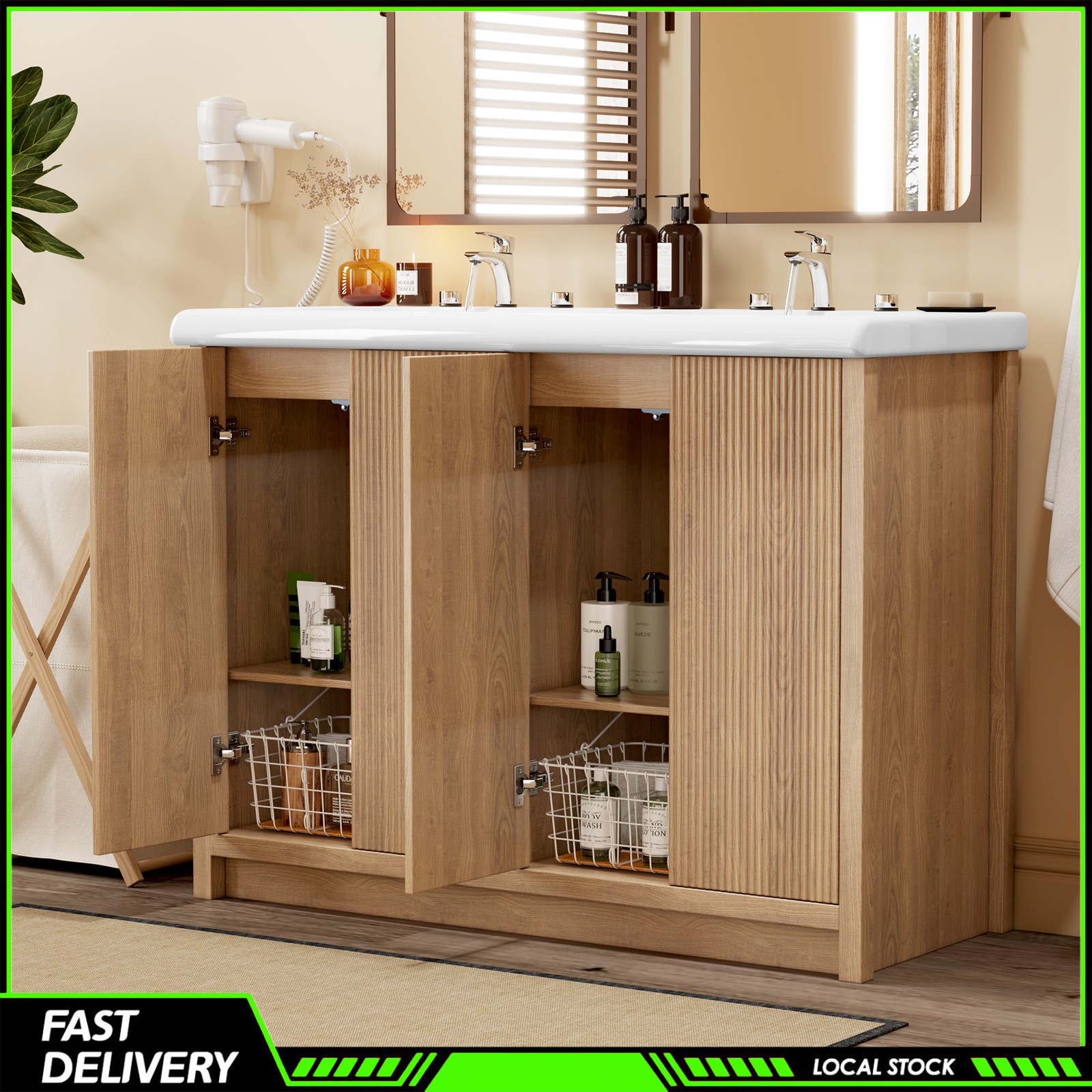Storage Cabinet 47.3 Inch Modern Wood Grain Bathroom Vanity Double Ceramic Sink