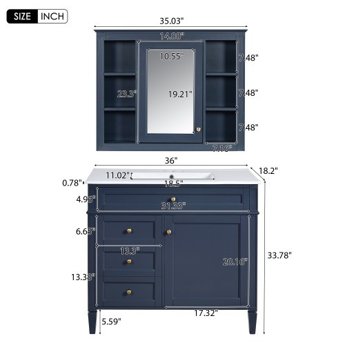 36” Blue Bathroom Vanity w/ Sink & Mirror Cabinet Storage Soft Close Doors