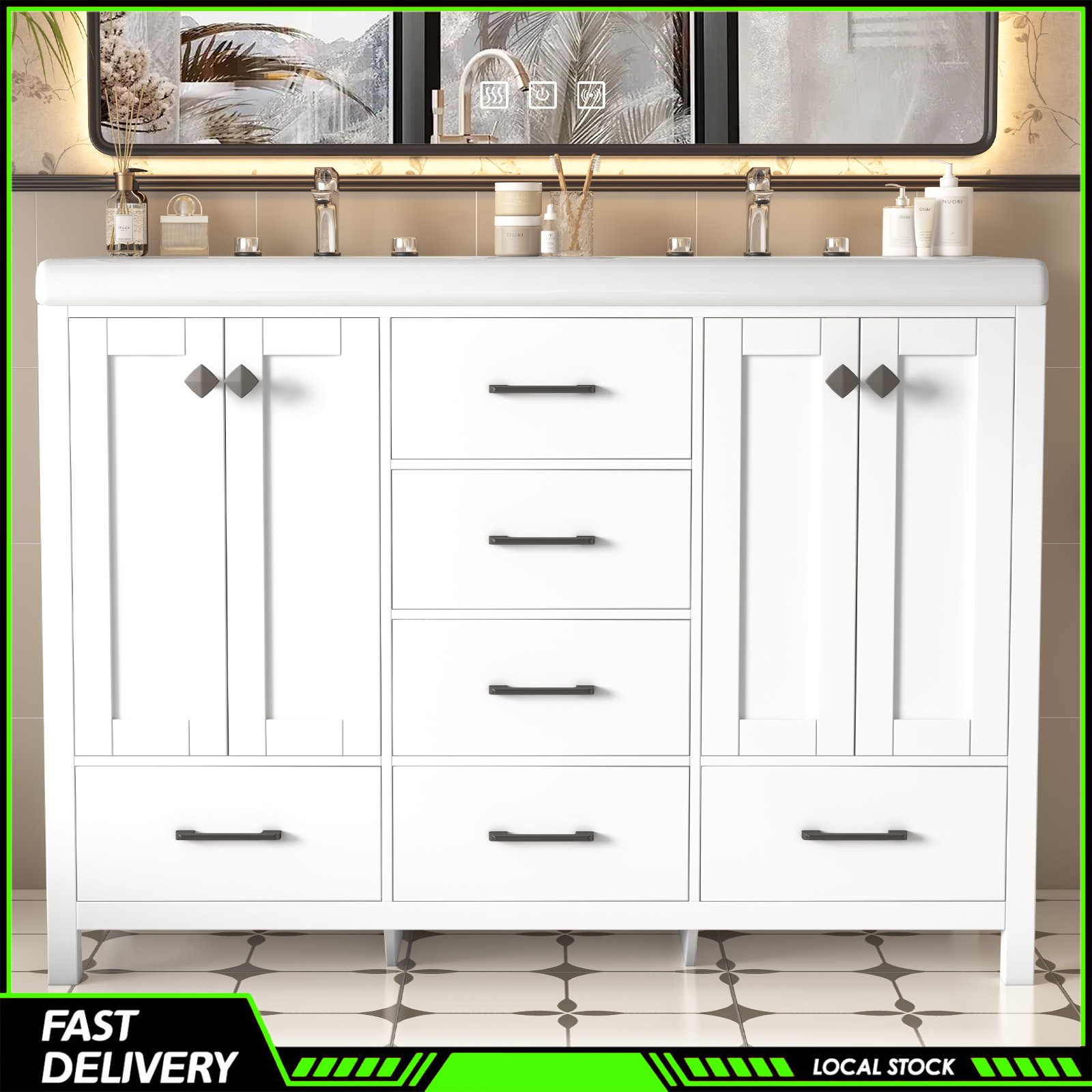 Double Ceramic Sinks 47.3″ Bathroom Vanity Freestanding Cabinet Storage Space