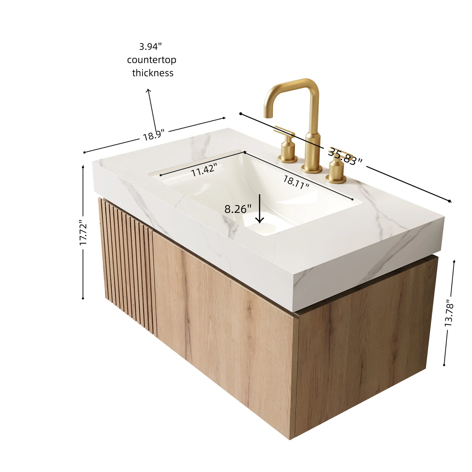 36″ Bathroom Vanity Sink Floating Plywood Cabinet White Oak Carrara White Stone