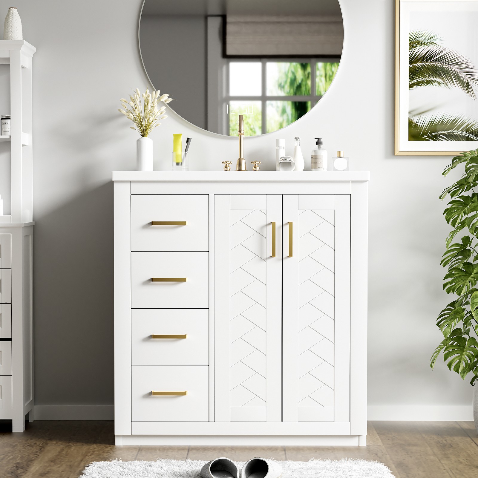 30” Bathroom Vanity with Ceramic Sink Combo,Solid Wood Frame Bathroom Cabinet