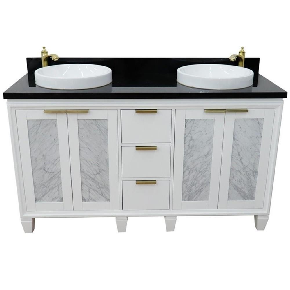 Trento 61″ Double Round Sink Solid Wood Vanity in White/Black Galaxy