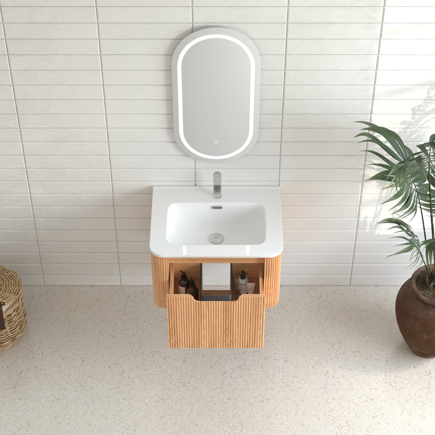 24″ Wall-Mounted Floating Bathroom Vanity with White Ceramic Basin Walnut