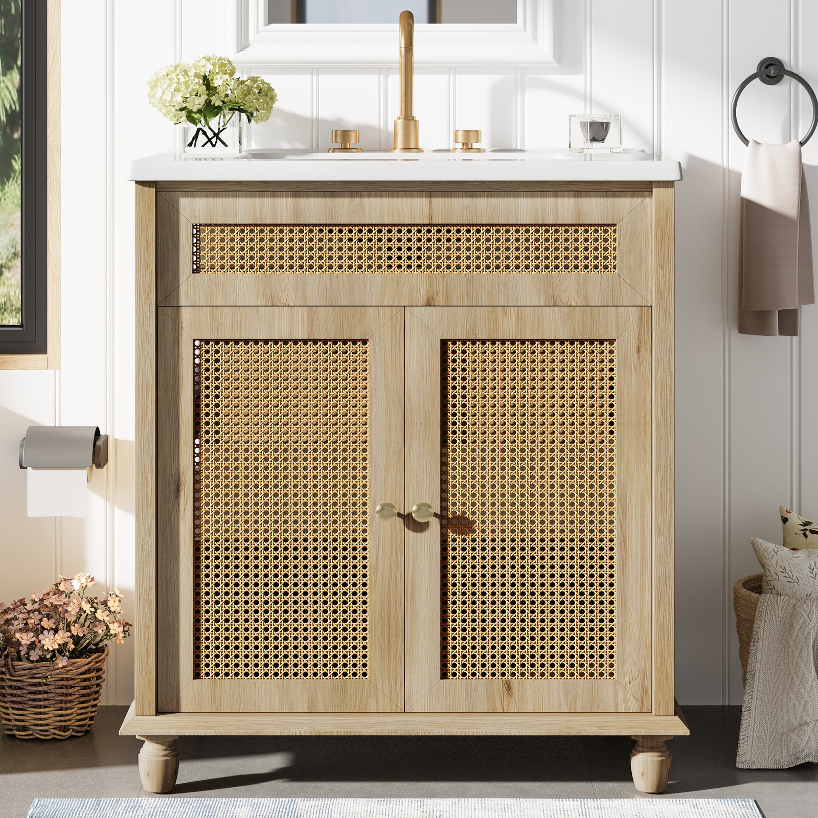 30″ Bathroom Vanity w/Rattan Doors, Solid Wood Legs & Resin Basin Natural Wood