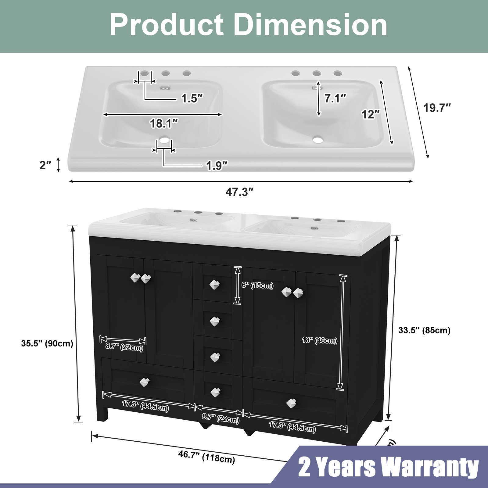 47″ Modern Freestanding Bathroom Vanity w/ Double Sink Ceramic Organizer Cabinet
