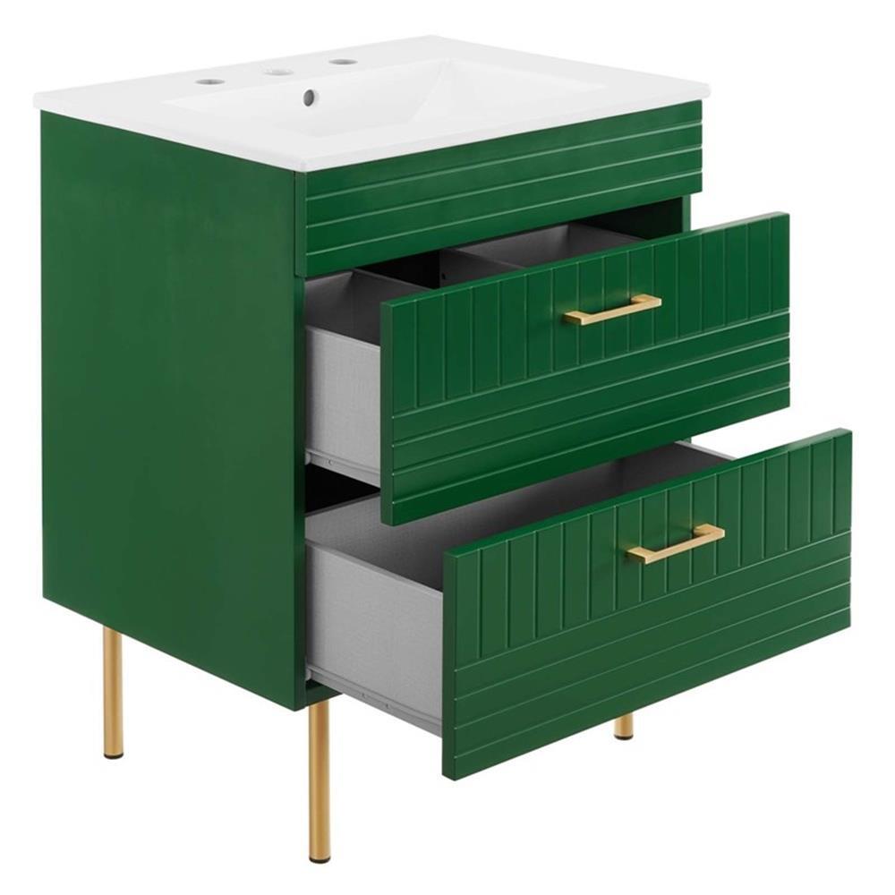 Modway Daybreak 24″ Modern Wood/Ceramic Bathroom Vanity with Gold Legs in Green
