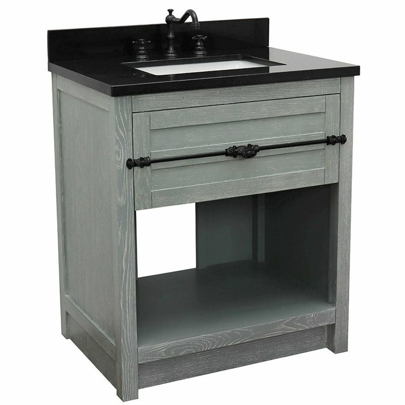 Plantation Solid Wood Single Rectangle Sink Vanity in Gray Ash/Black Galaxy