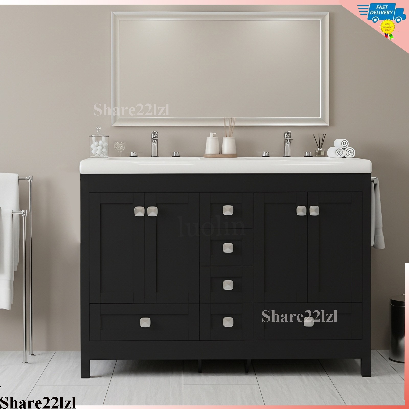 47″ Bathroom Vanity Set with Double Ceramic Sinks Freestanding Storage Cabinet