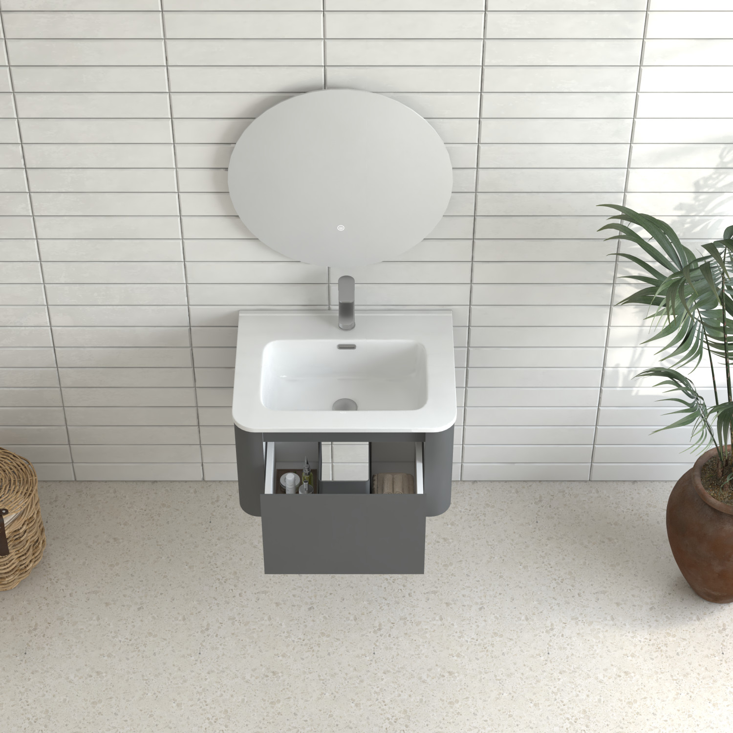 24″ Grey Floating Bathroom Vanity with White Ceramic Integrated Basin