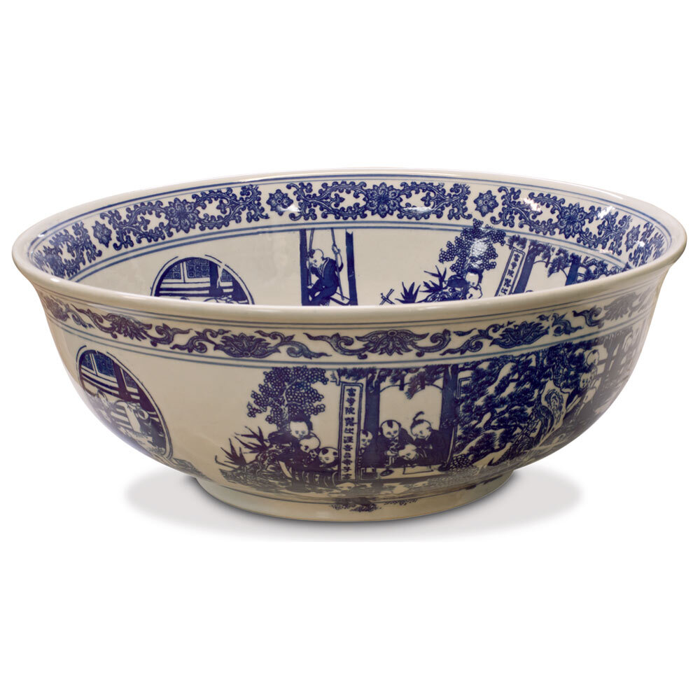 US Seller – Blue and White Porcelain Schoolyard Scene Oriental Basin