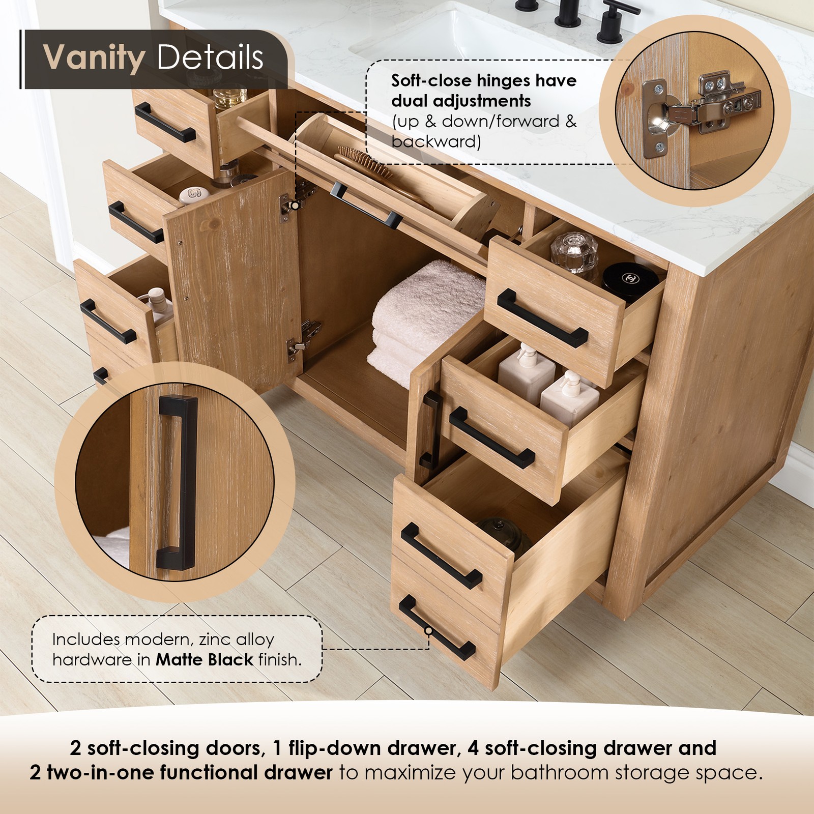 Gavino 42″ Wood Vanity in Light Brown with Composite Stone Top no Mirror