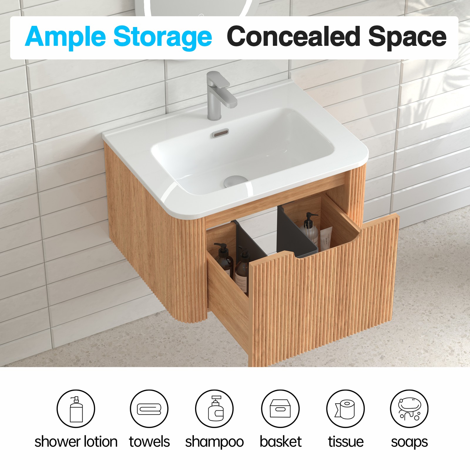 24″ Wall-Mounted Floating Bathroom Vanity with Ceramic Basin in Walnut
