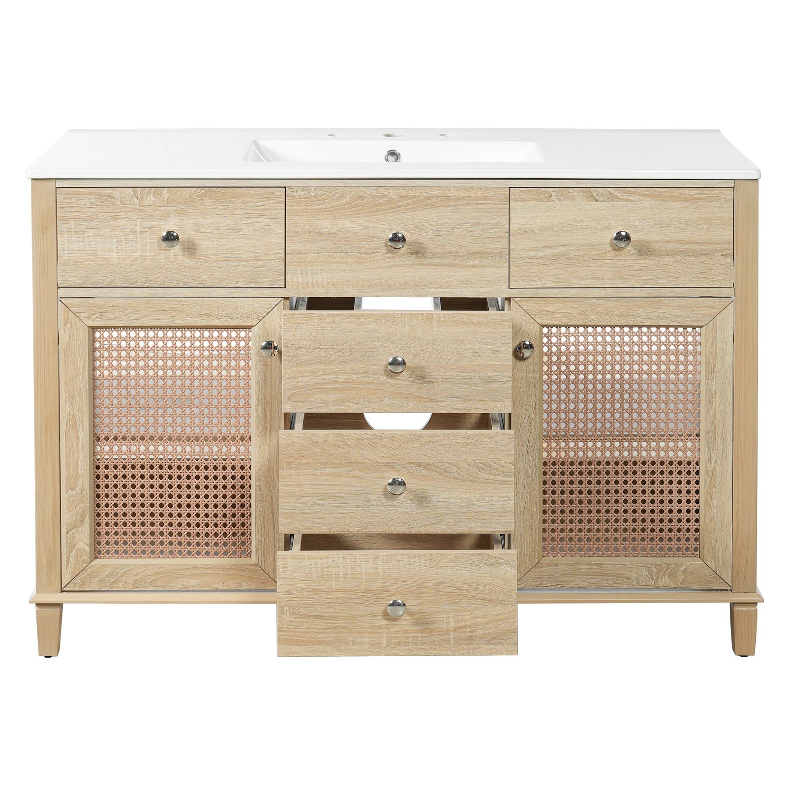 Natural Rattan Bathroom Vanity 48″/2 Cabinets/Sink & Solid Wood Frame Fre Ship