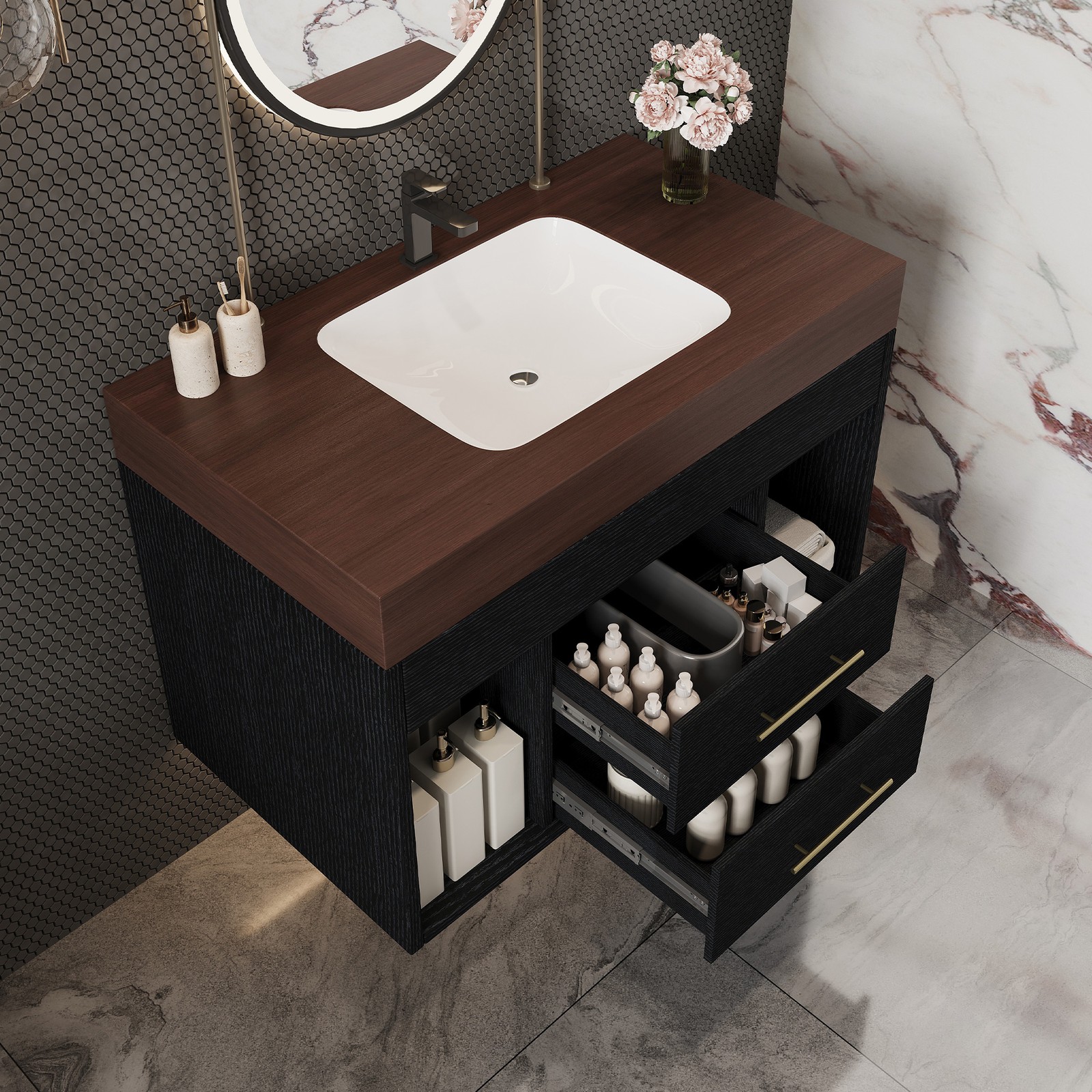 29.9″ Floating Bathroom Vanity with Sintered Stone Top & Ceramic Sink