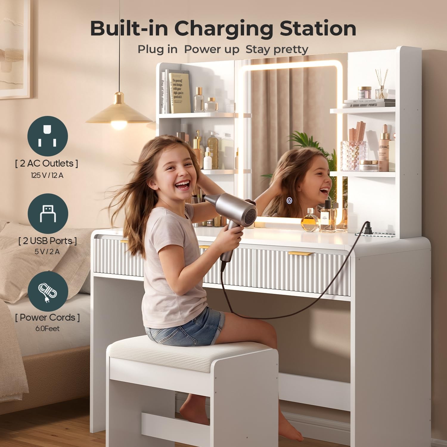 Fluted Vanity Desk with Mirror & Lights, Stool, Power Outlet White