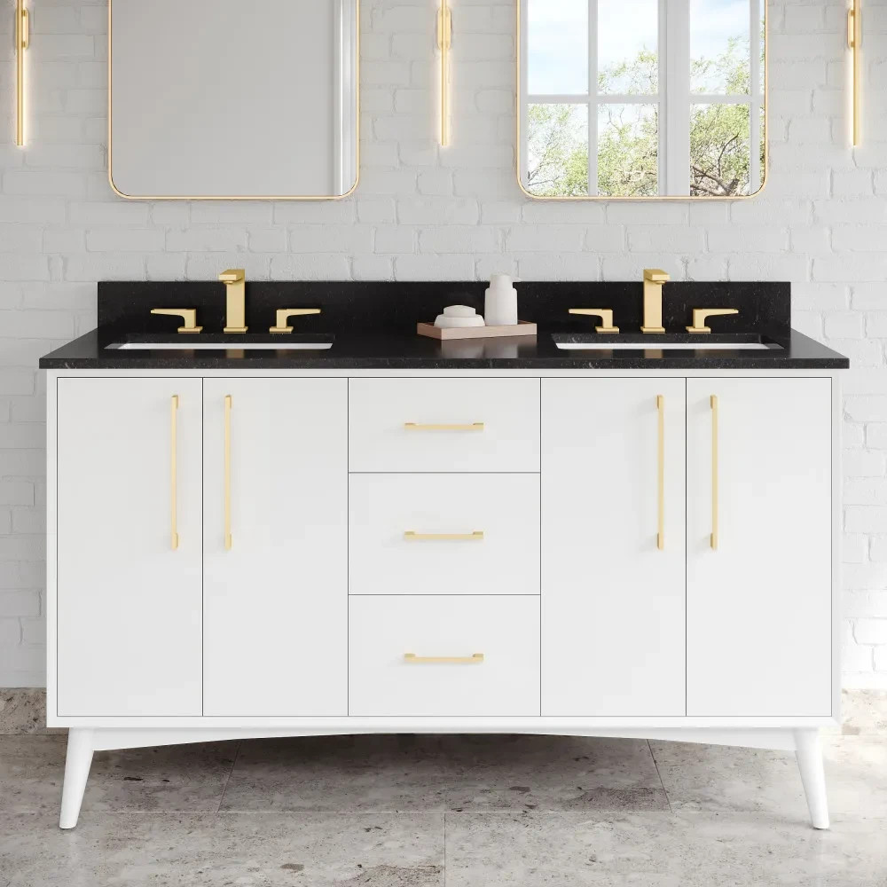 60″ Dashwood White Double Bowl Bathroom Vanity + Black Granite Countertop Sinks