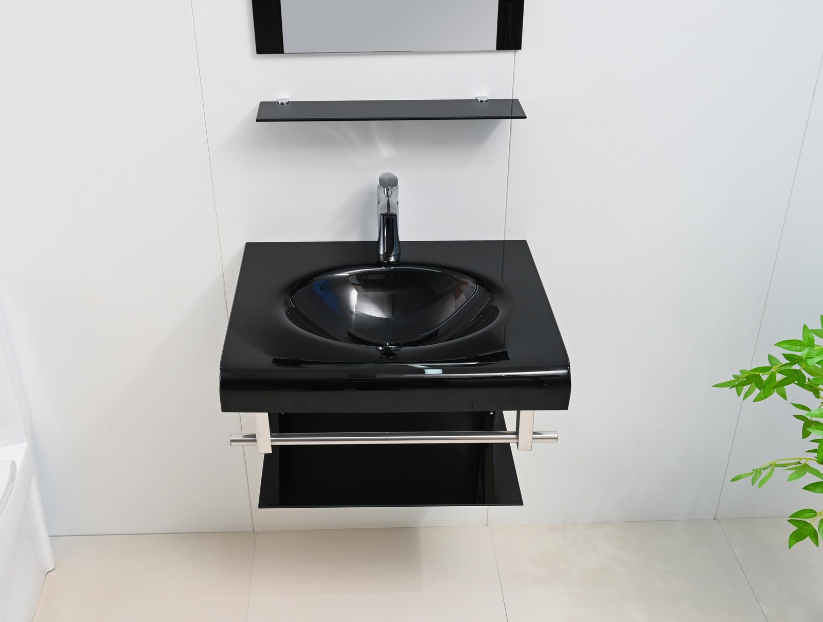 24″Black Tempered Glass Sink Top Floating Bathroom Vanity Mirror Shelves set