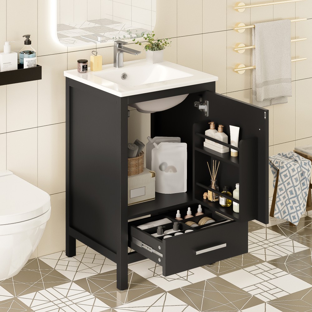 20″ Solid Wood Bath Vanity Ceramic Sink Soft Close Door Divider Drawer Storage