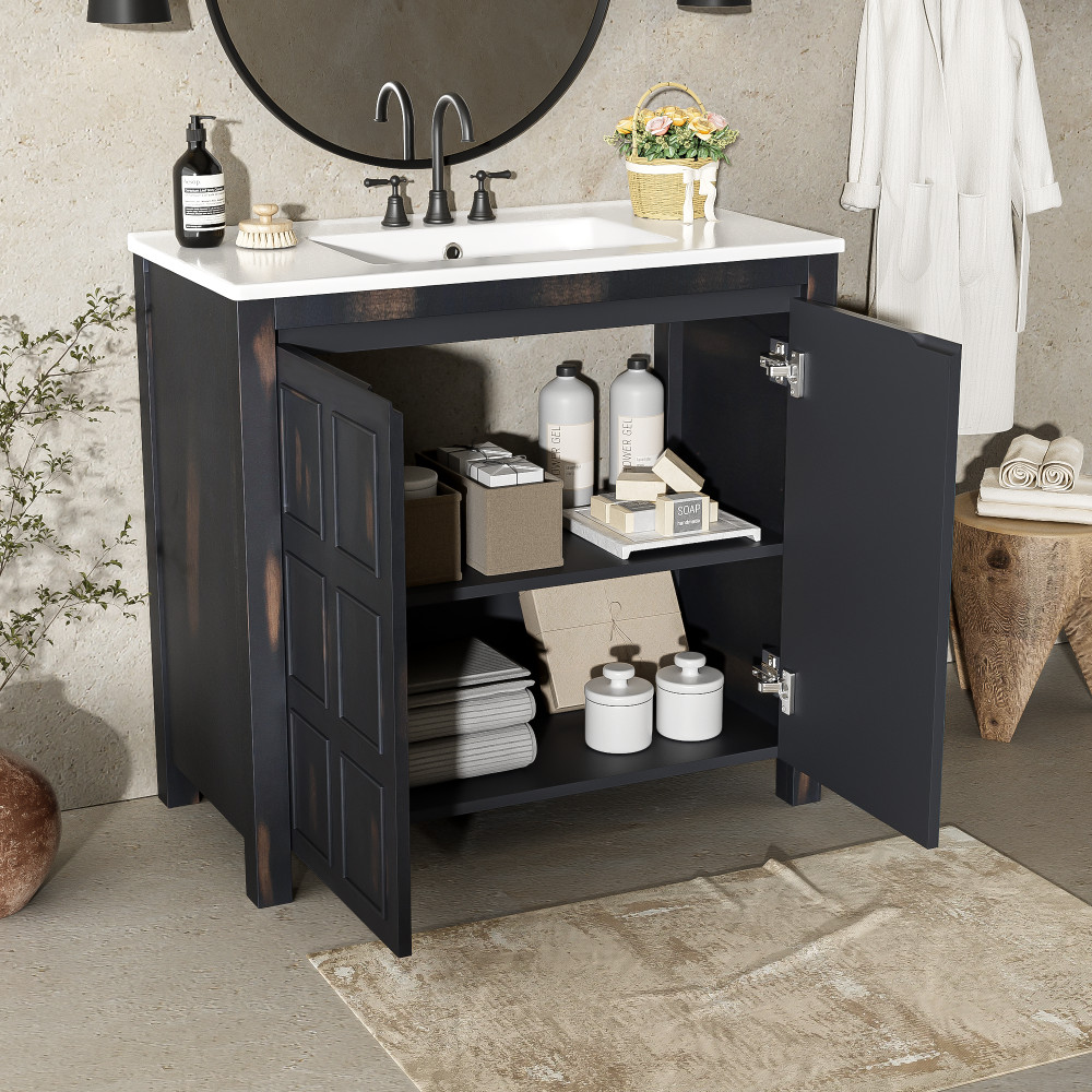 36″ Vintage Bathroom Vanity w/Ceramic Sink,Solid Wood Frame,Soft Close Doors