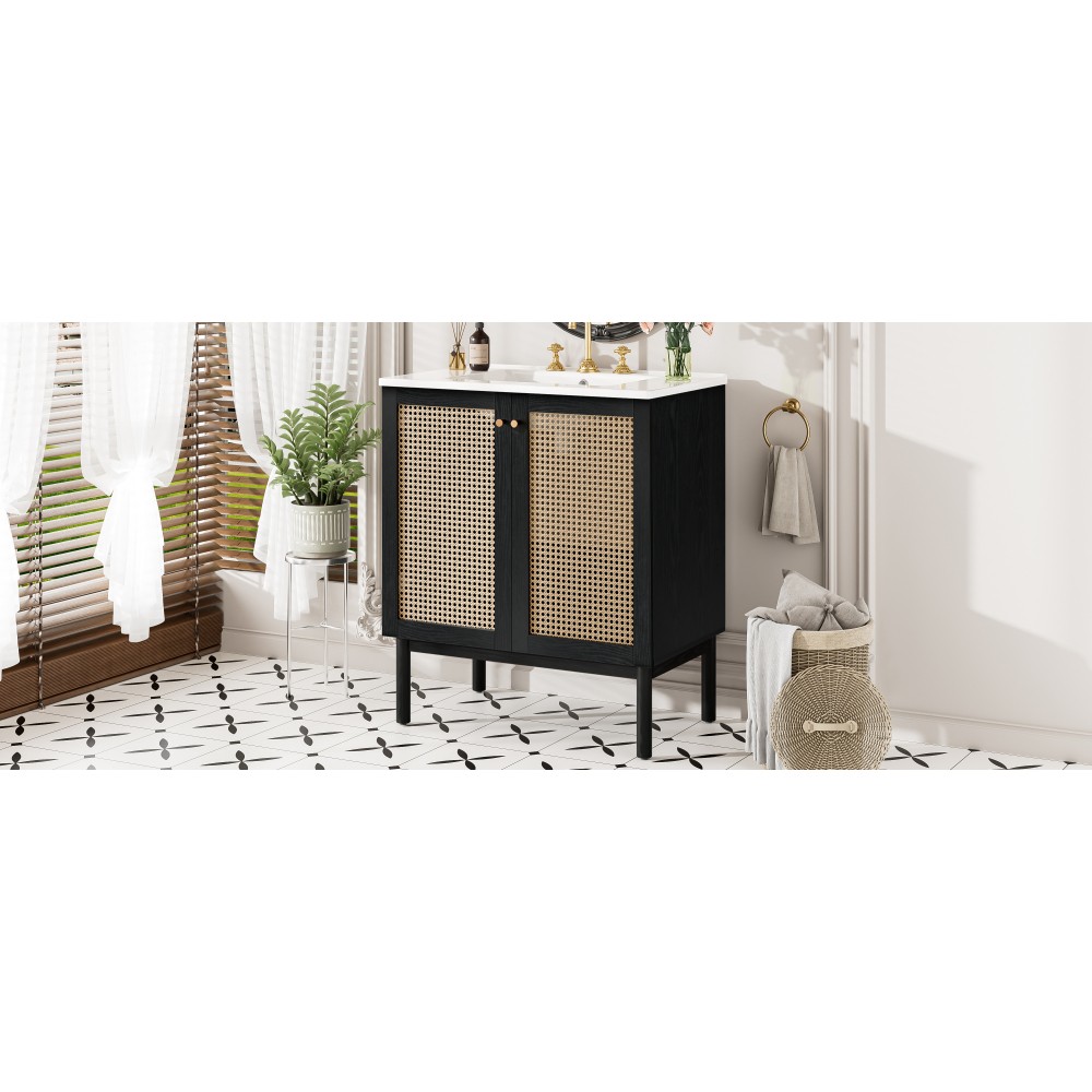 30in Solid Wood Bathroom Vanity Ceramic Sink Soft Close 2 Doors Storage Cabinet