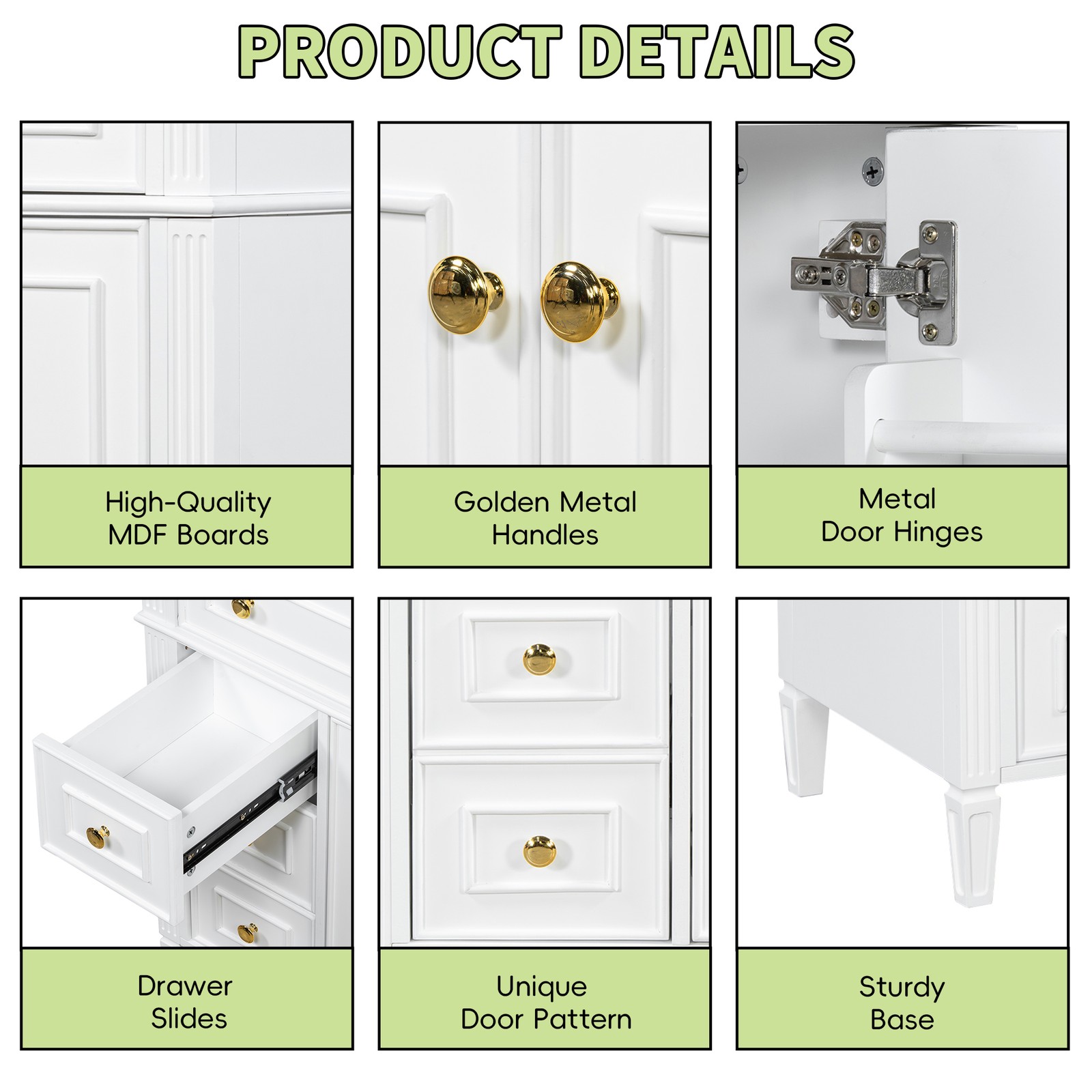36″ Bathroom Vanity with Sink, White Solid Wood Cabinet, Gold Handles