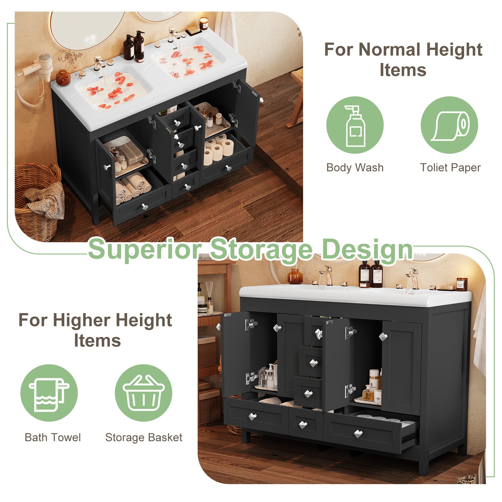 47″ Freestanding Vanity Bathroom Cabinet with Double Ceramic Sink & 6 Drawers
