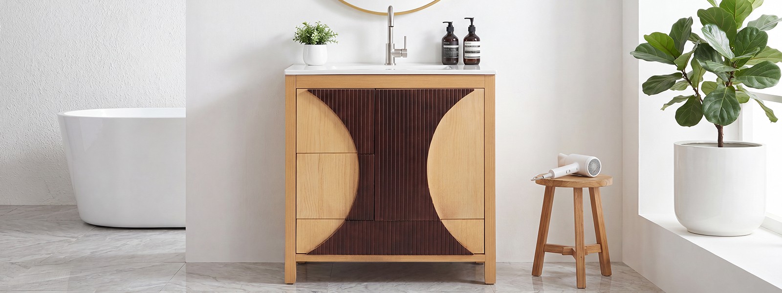 30″ Bathroom Vanity with Sink, Solid Wood & MDF, 3 Drawers, Soft-Close