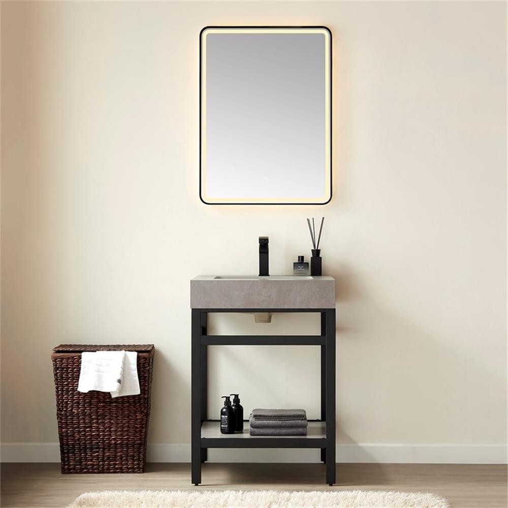 Funes 24″ Single Sink Bathroom Vanity in Matte Black Frame Gray Top w/ Mirror