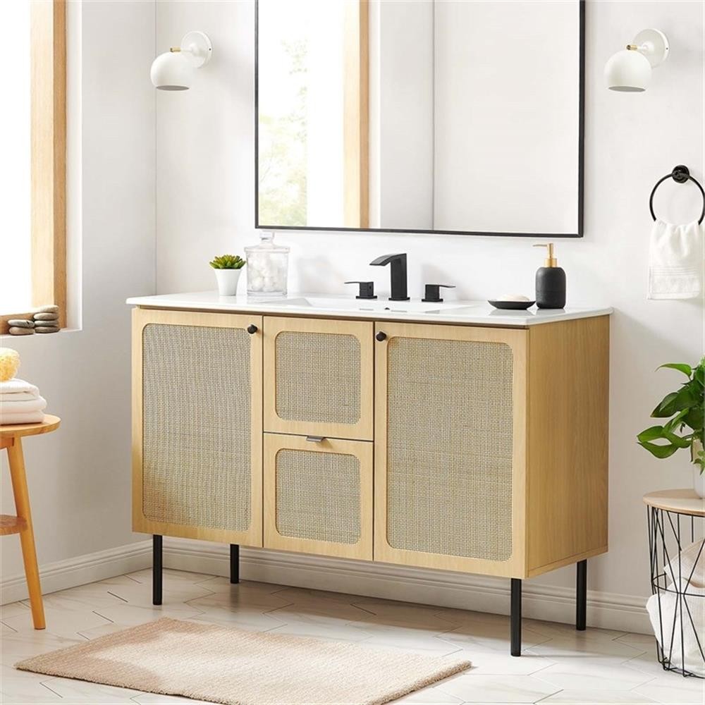 Pemberly Row 48″ Metal & Wood Bathroom Vanity Cabinet in Oak