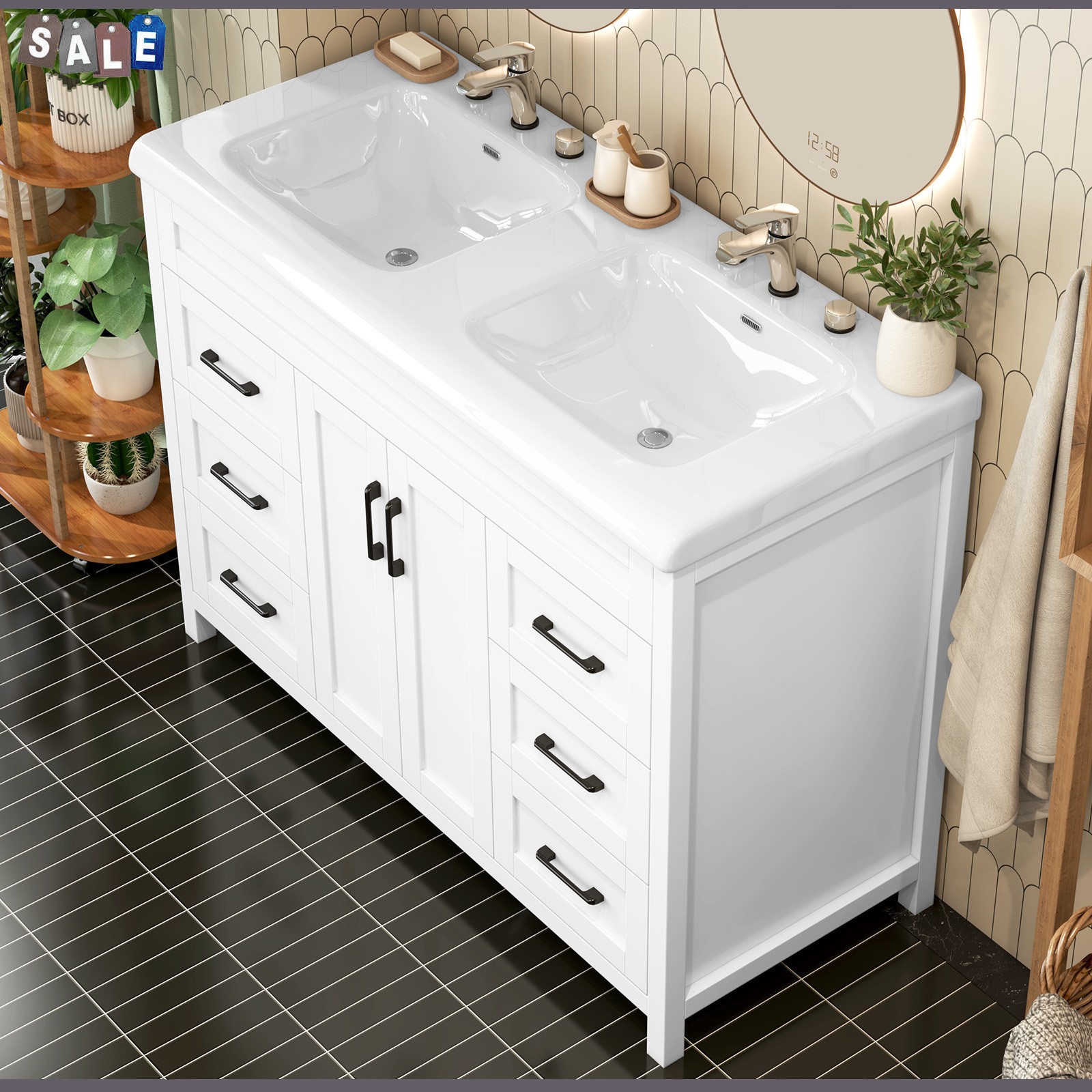 White Bathroom Vanity Double Sink Freestanding Cabinet with Storage Drawers