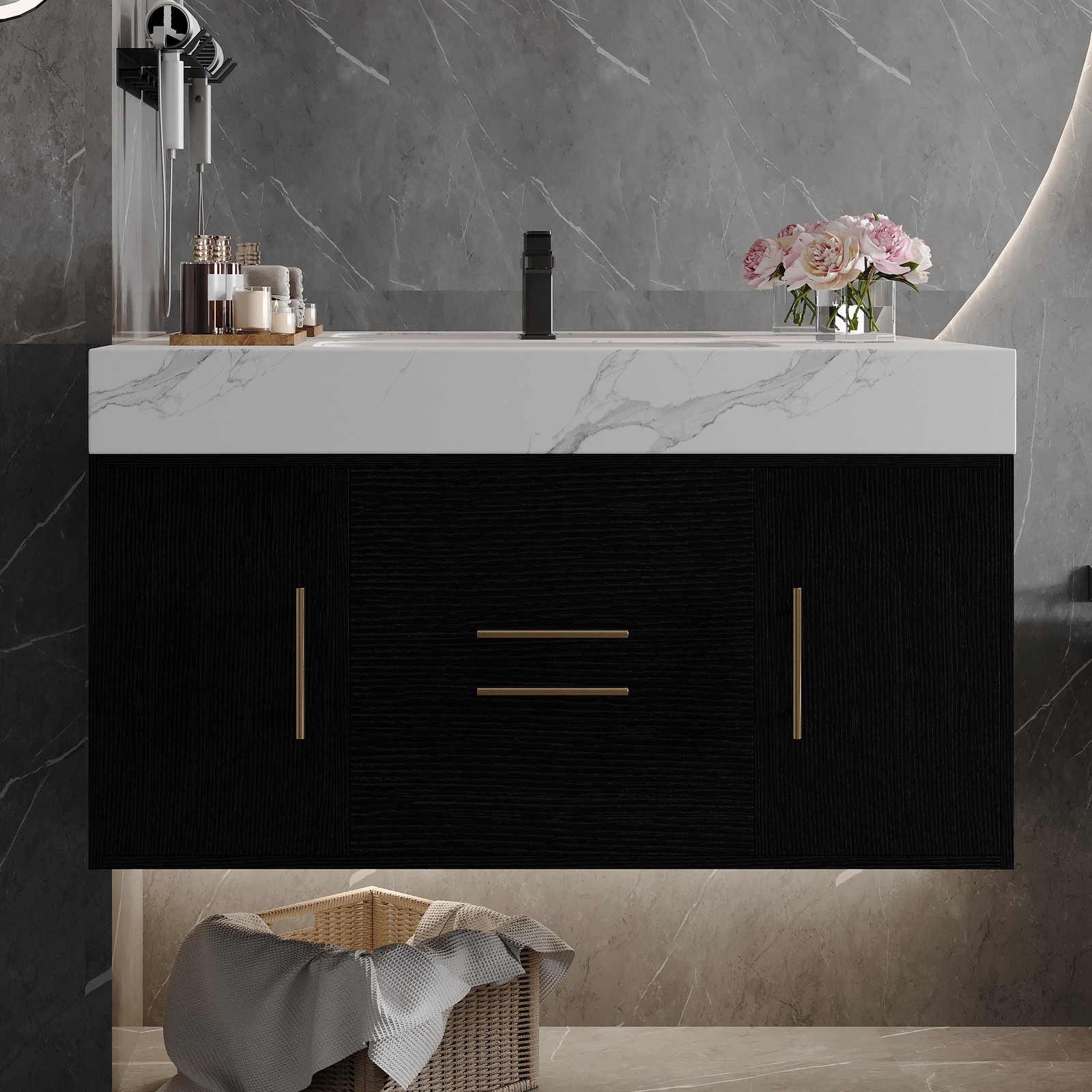 39.4″ Bathroom Vanity with Sink, Waterproof Plywood Cabinet, Ceramic Basin