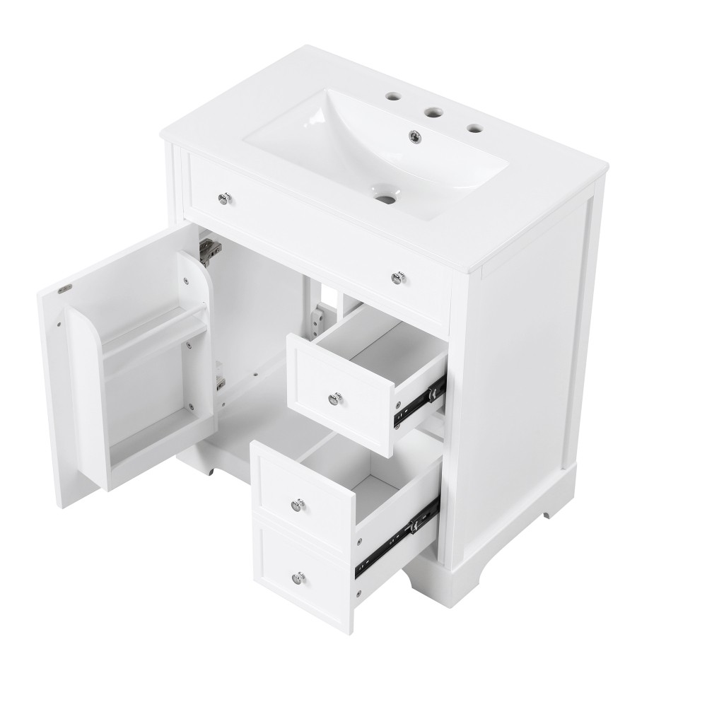 30 Inch White Bathroom Vanity with Ceramic Sink Top Solid Wood MDF Cabinet
