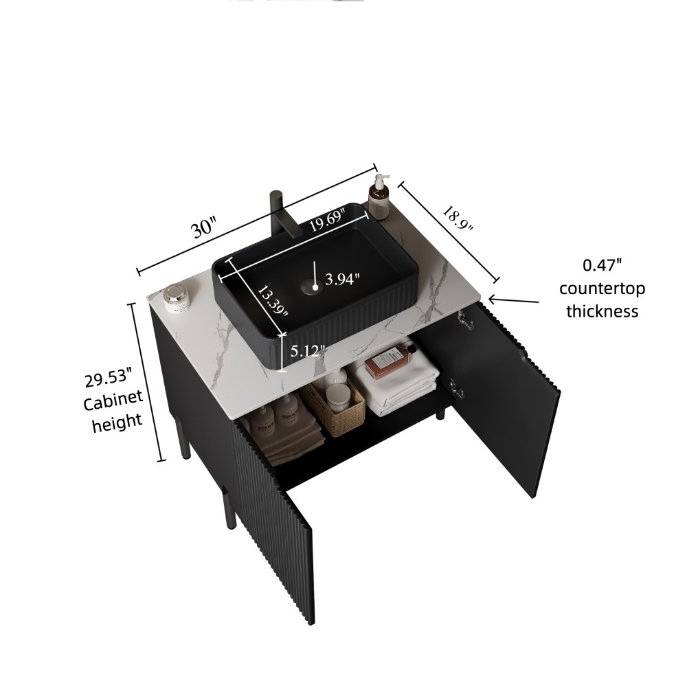 30″ Modern Bathroom Vanity with Black Ceramic Sink and White Carrara Top