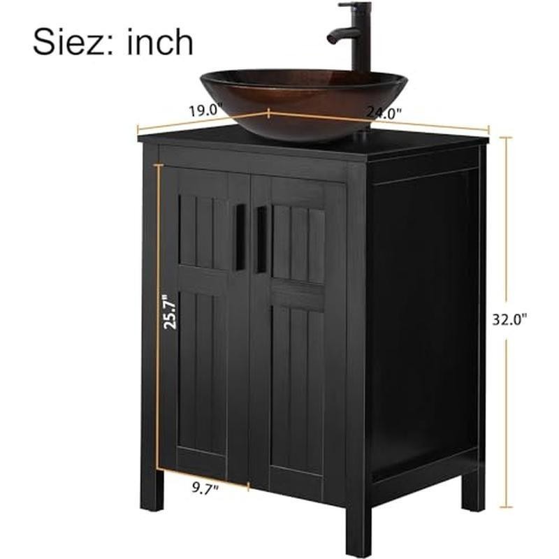 24 In Bathroom Vanity Vessel Sink Modern Cabinet Grooved Doors Metal Handles New