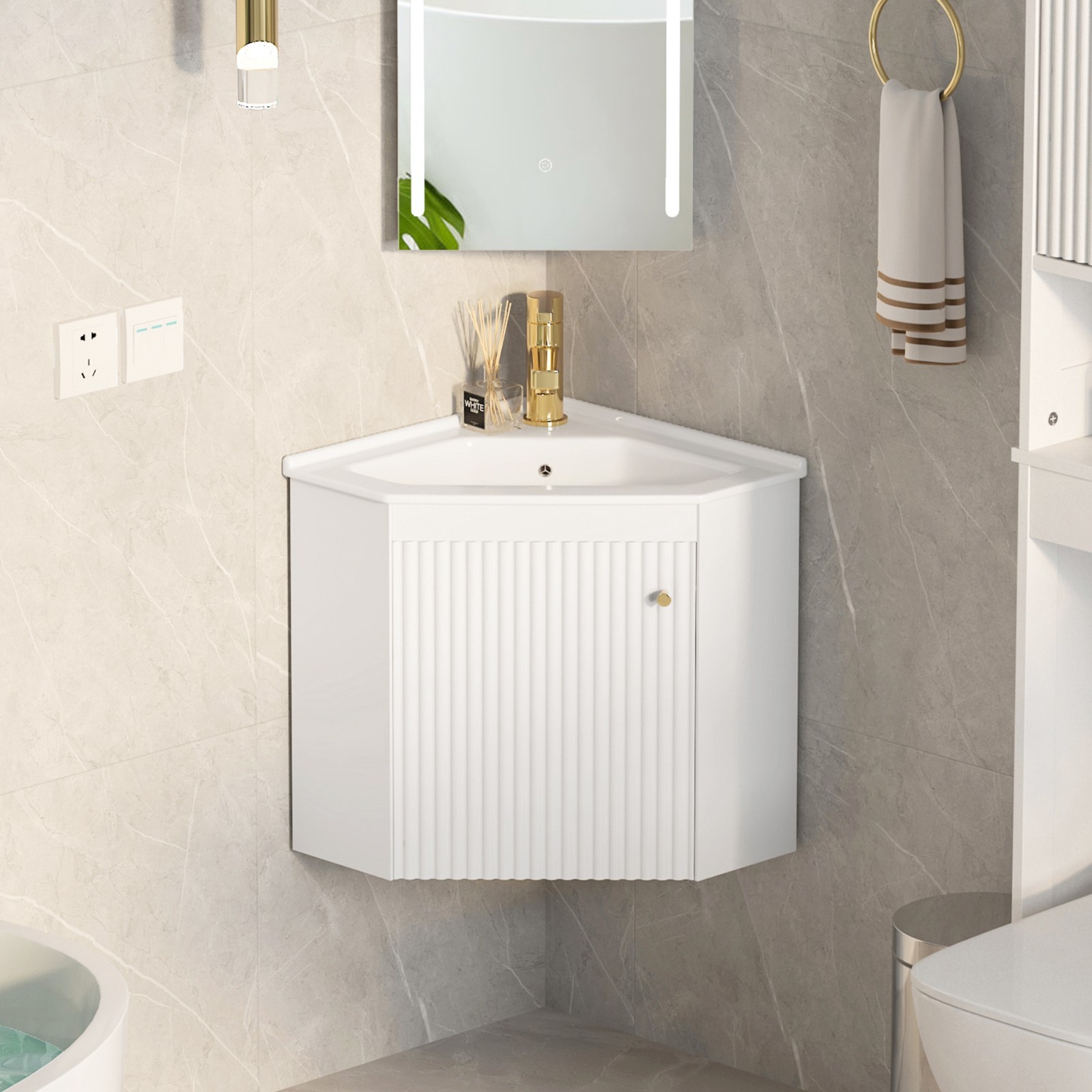 Corner Bathroom Vanity Sink Wall Mounted Combo for Small Space White Ceramic Top