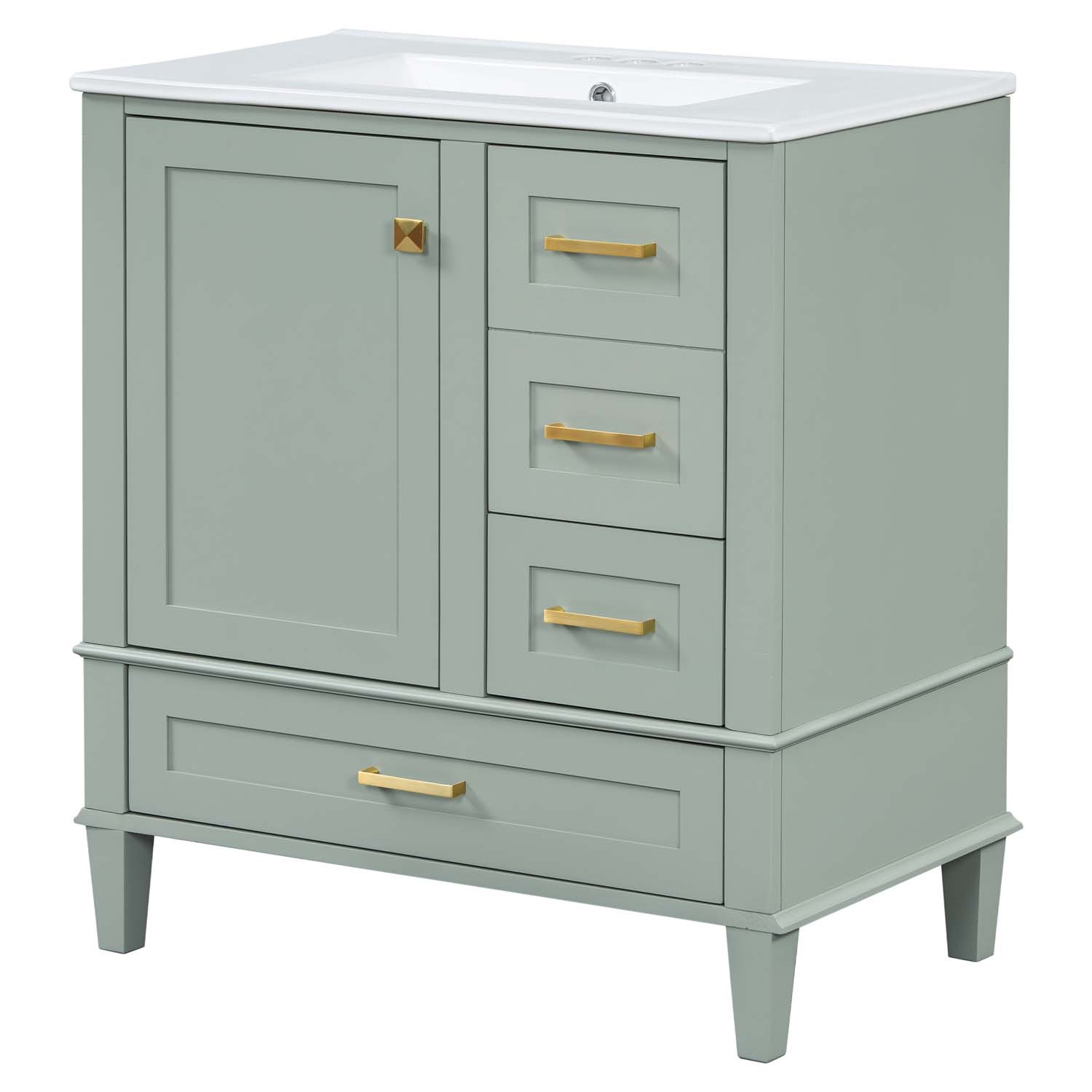 30″ Freestanding Bathroom Vanity Sage Green Solid Wood Soft-Close 3 Drawers Sink