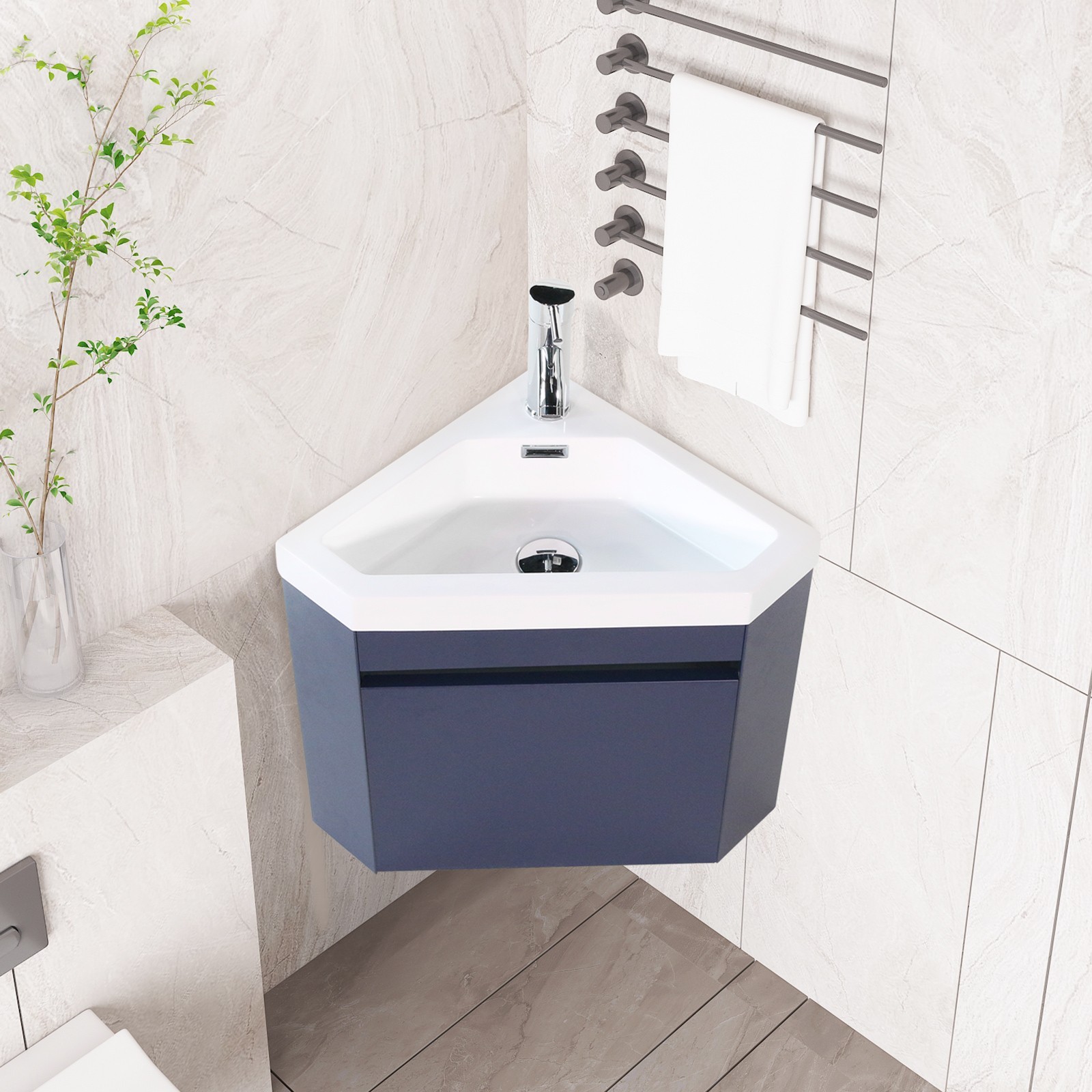 Corner Wall Mounted Bathroom Vanity Floating Cabinet w/Sink for Small Bathroom