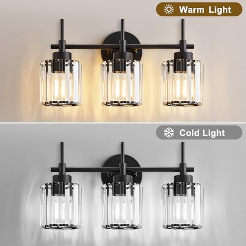 3 Light Black Crystal Vanity Light, Modern Bathroom Vanity Light Over Mirror, Up