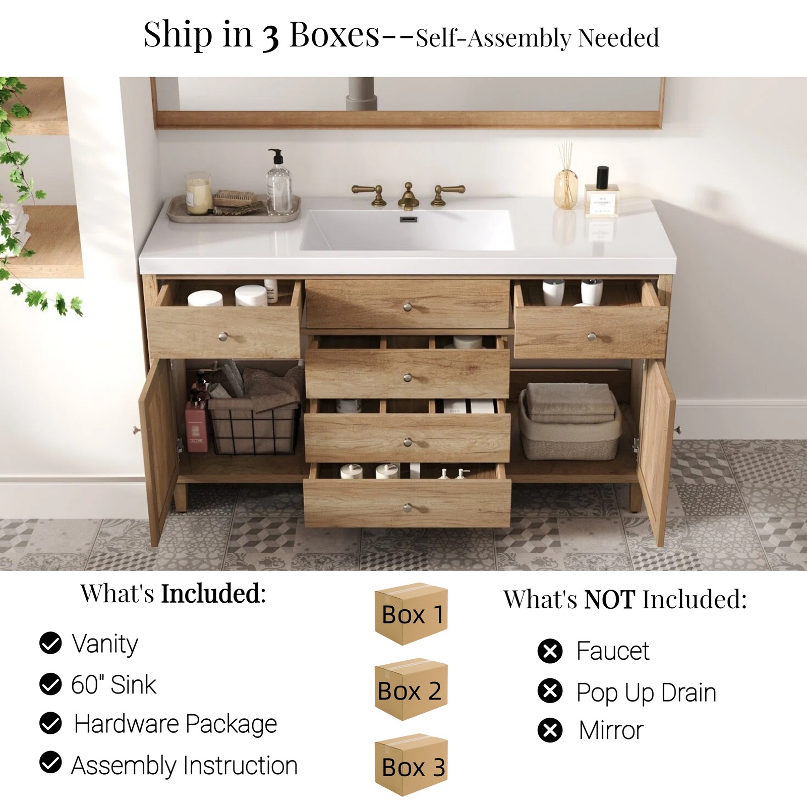 60″ Wooden Bathroom Vanity Cabinet with SMC Sink Storage Drawers Rattan Doors